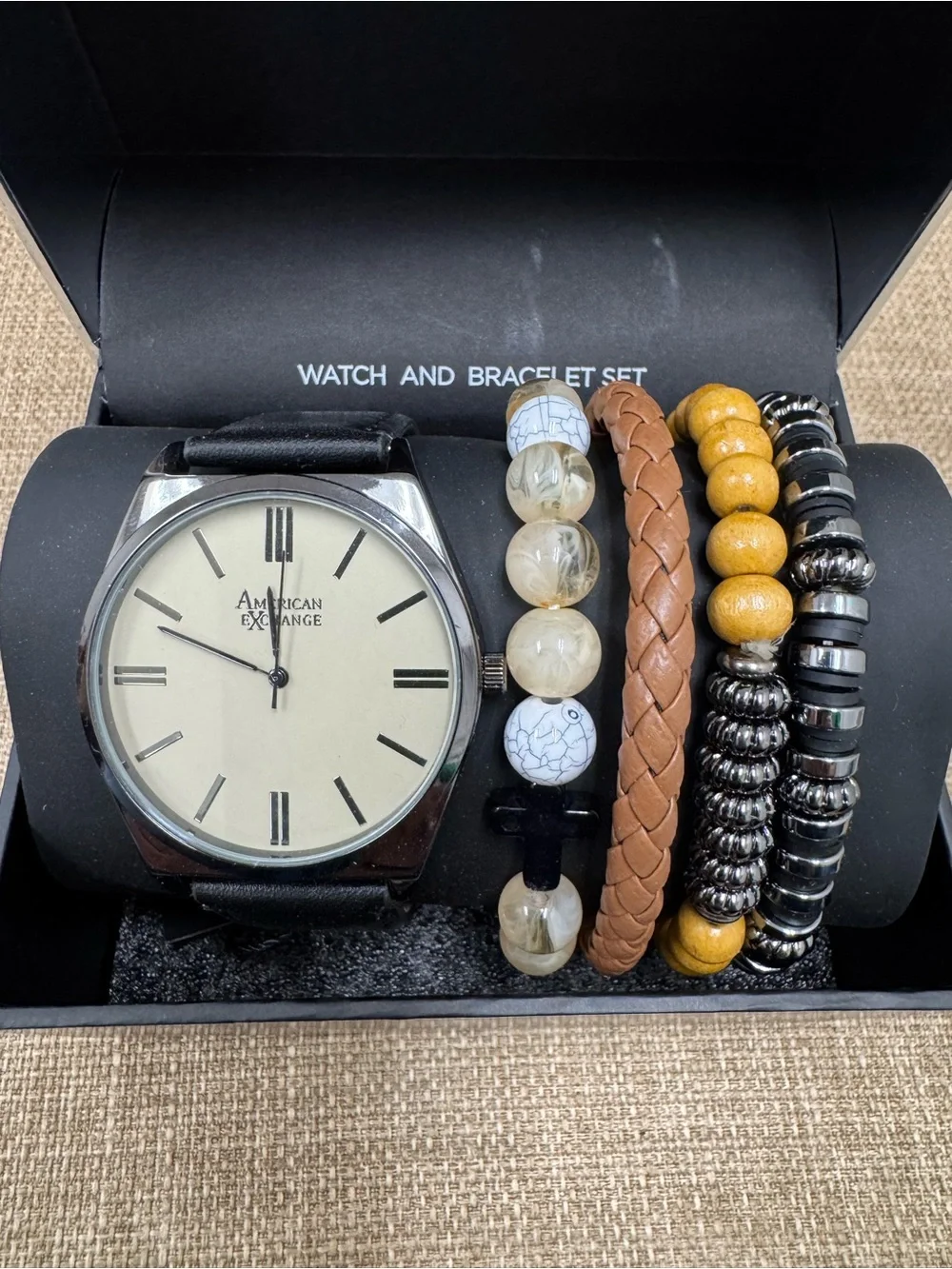 American Exchange Watch & Bracelet Set, Black Strap, Braided Cross, Wood